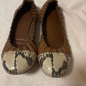 Tory Burch Brown and Snake Print Flats